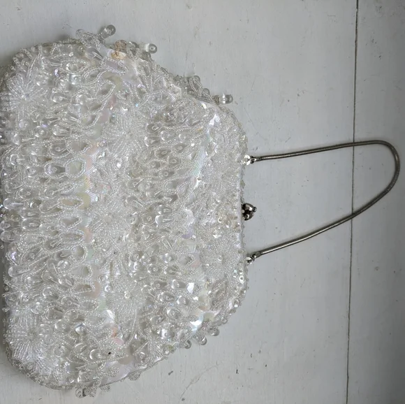 Vintage Fringe Beaded Purse Bag Party 60s Wedding Bridal - Picture 4 of 6